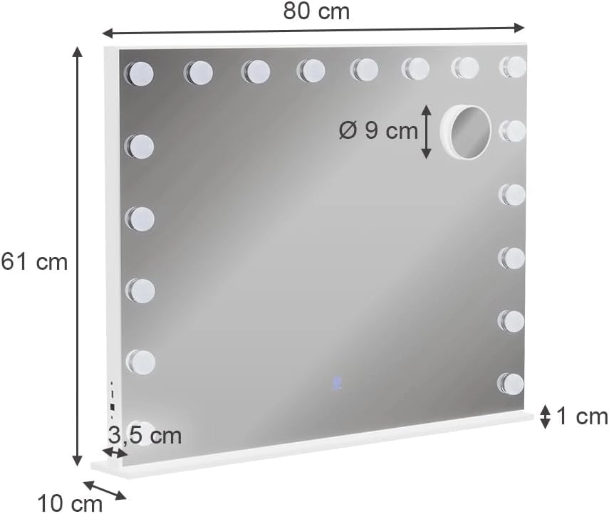 Specchio da toilette Greta, Bianco, 80 x 61 cm con illuminazione a LED, con specchio cosmetico integrato 10x e porta USB