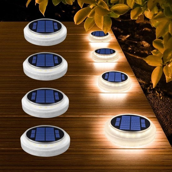 Set di 4 lampade solari per terrazza, IP68 impermeabile all'acqua, per giardino, per passerelle, per scale, luce calda bianca.