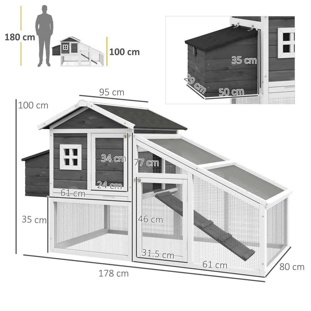 Pollaio Gabbia per Galline 178x95x100 cm in Legno con Tetto Impermeabile Grigio