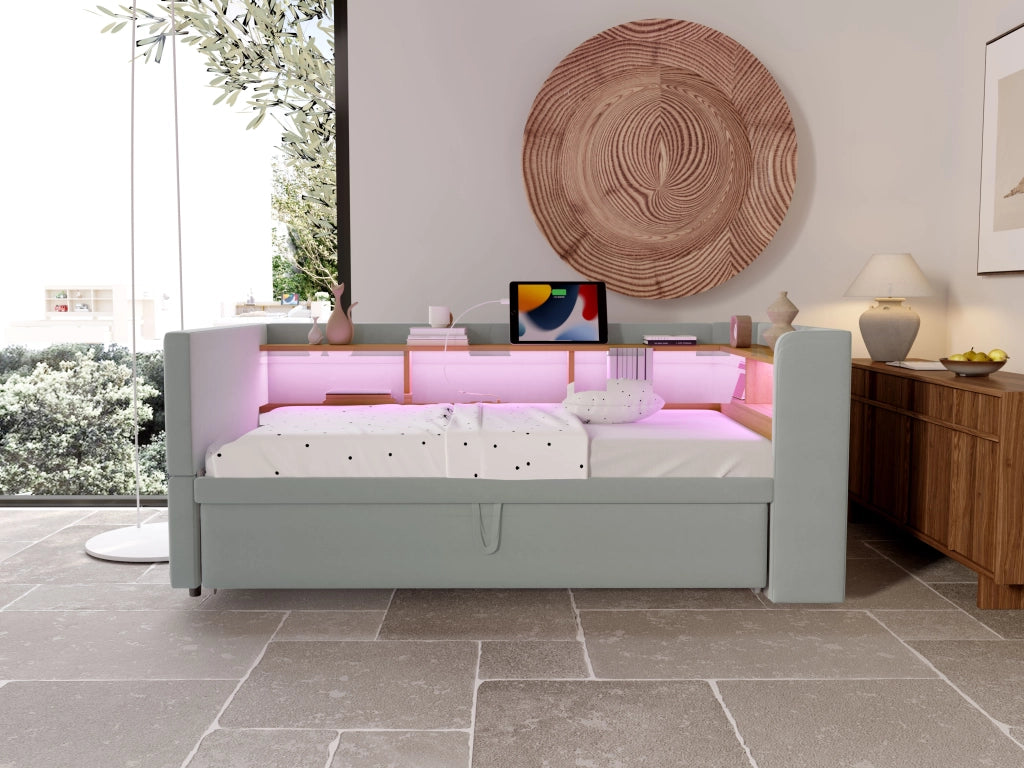 DESMIU Divano Letto 90/180 × 190 cm 2 posti con LED, prese e vani portaoggetti, senza materasso, grigio chiaro