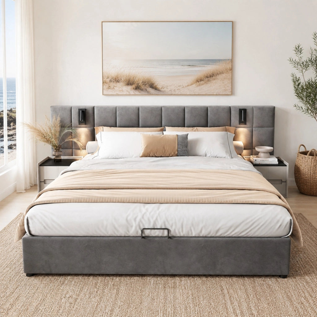Letto imbottito matrimoniale 160x200 cm grigio con contenitore, lampada da lettura e porta USB