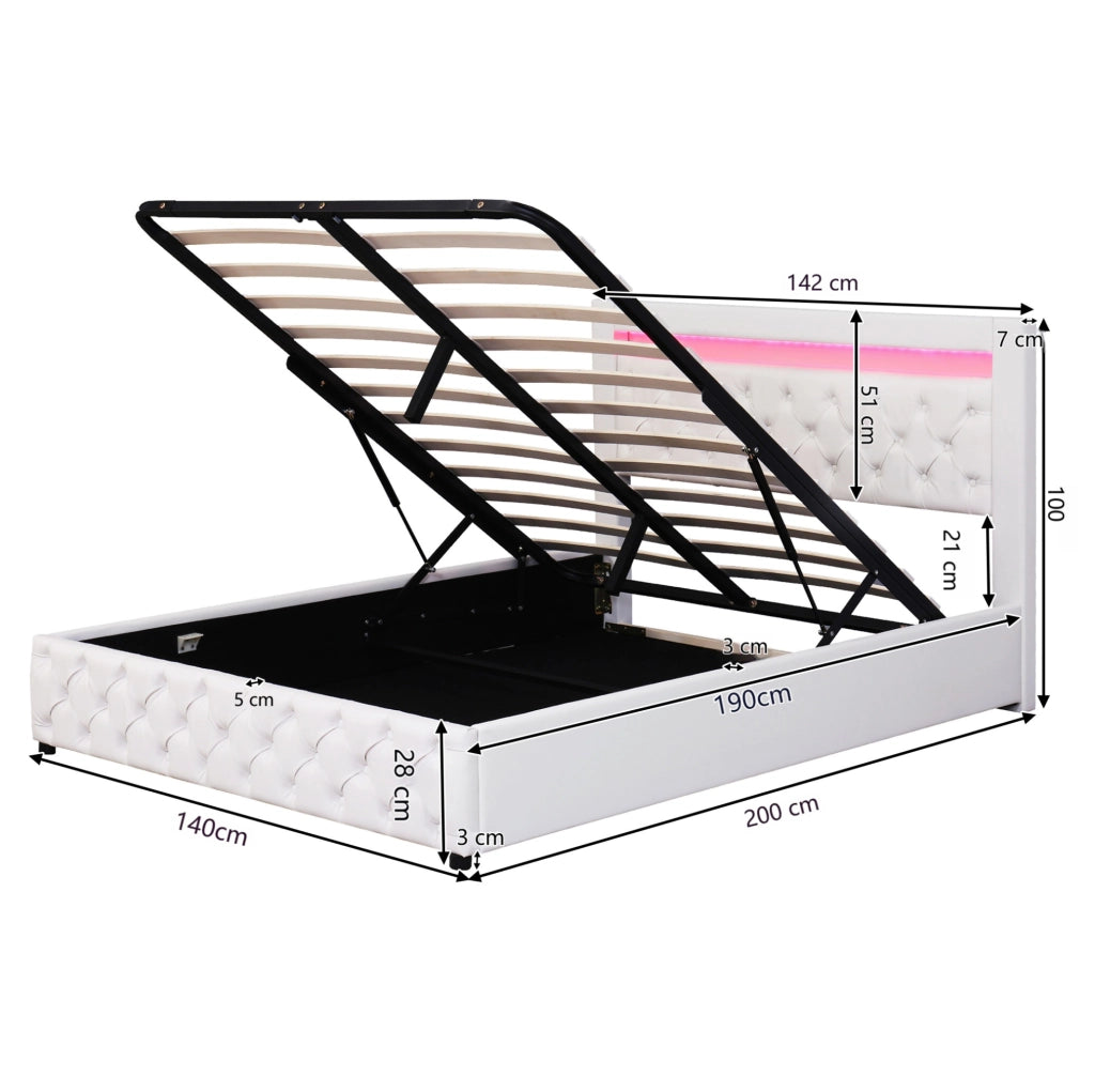 Letto matrimoniale imbottito 140x190 cm con contenitore; rete a doghe; LED; PU bianco