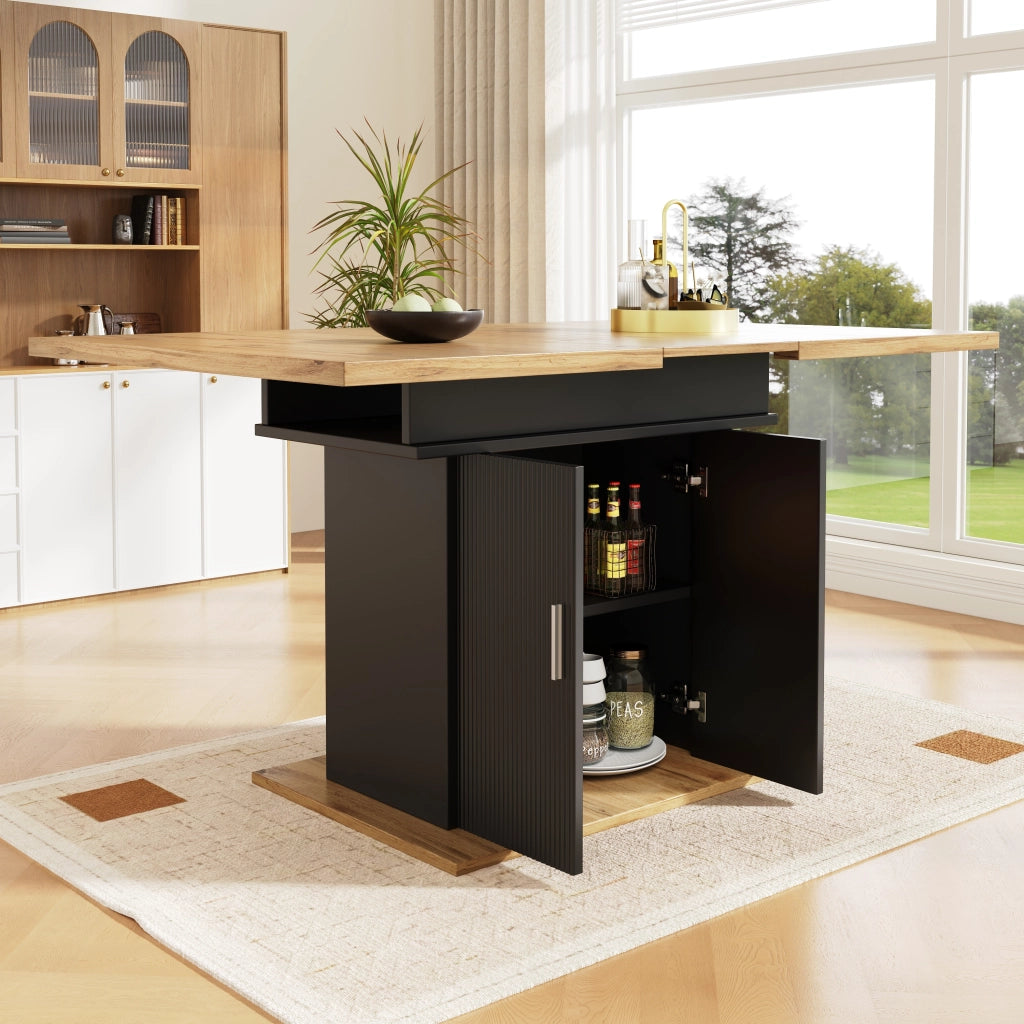 Tavolo da pranzo allungabile con vano contenitore, ripiani regolabili e anta ondulata, per cucina e soggiorno, in MDF nero