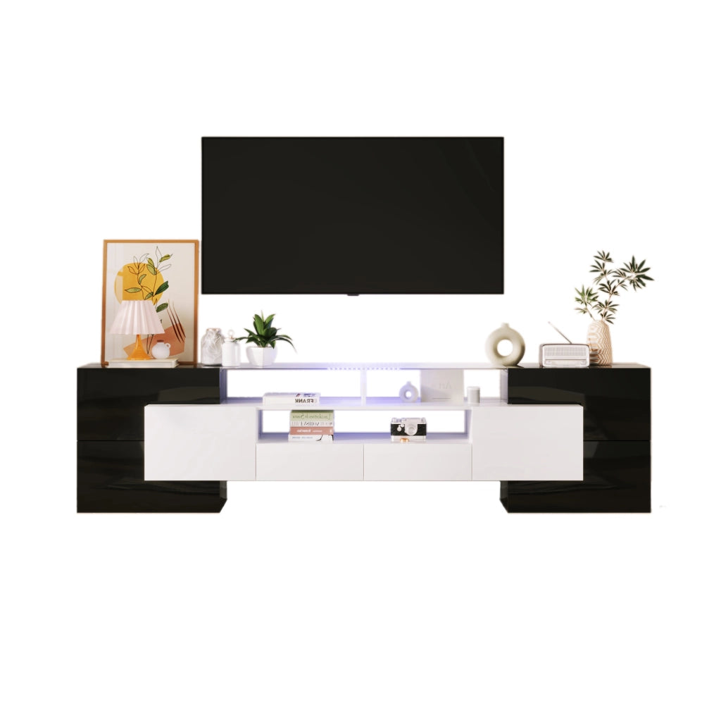 Mobile TV 200 cm con LED; 4 ante; 2 cassetti; 3 scomparti; nero e bianco