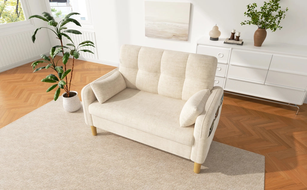 Divano a due posti modulare per piccoli spazi con cuscini schienale alto e tasca laterale in tessuto chenille beige