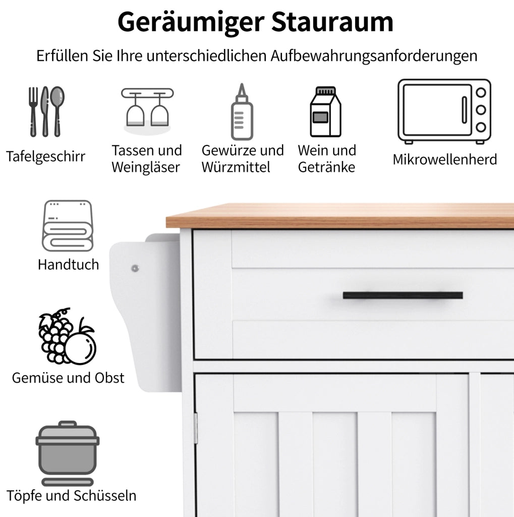Carrello da cucina con piano pieghevole e ruote, bianco