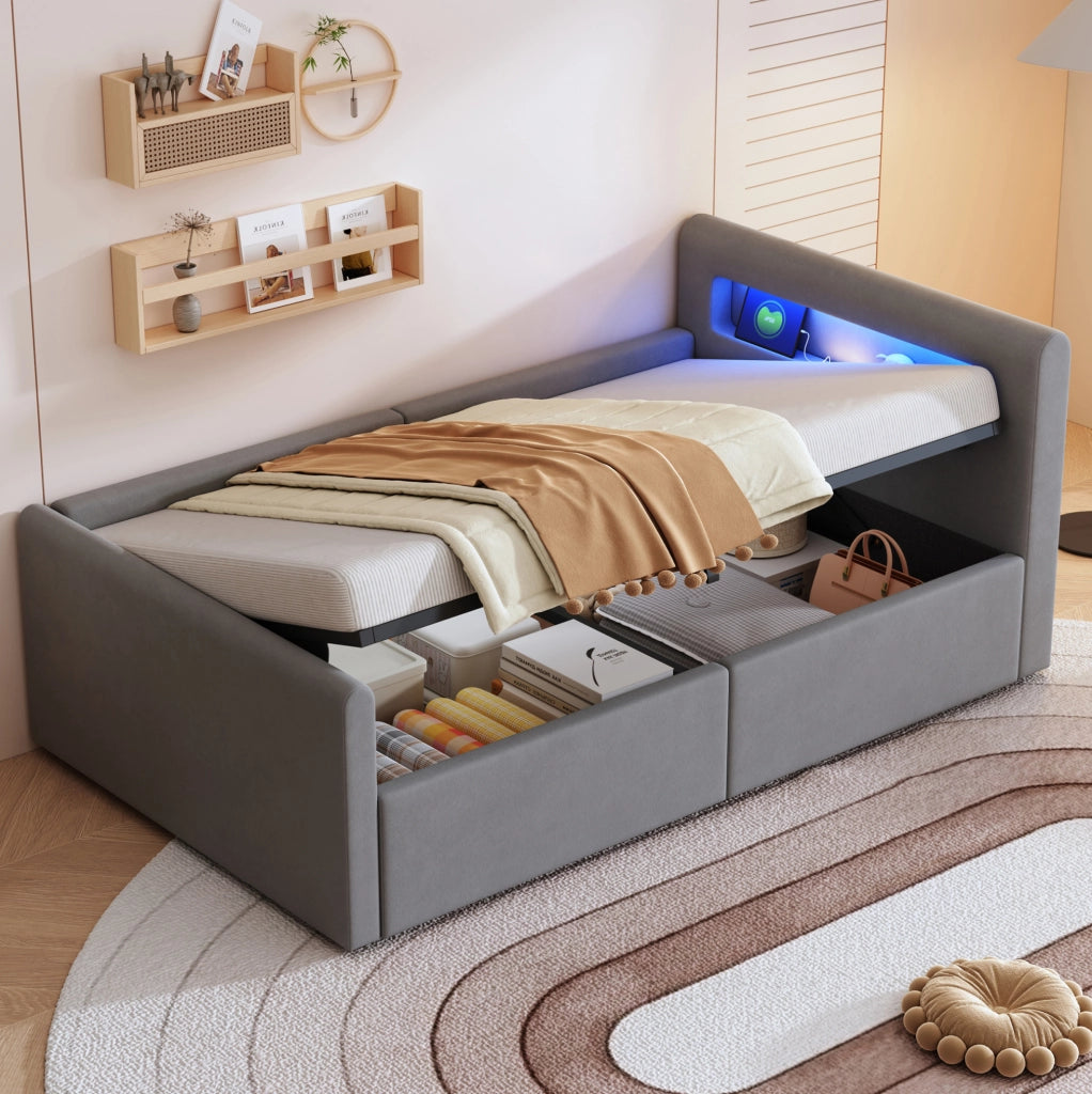 Letto imbottito per bambini 90x200 cm in velluto grigio chiaro con LED; USB e contenitore idraulico