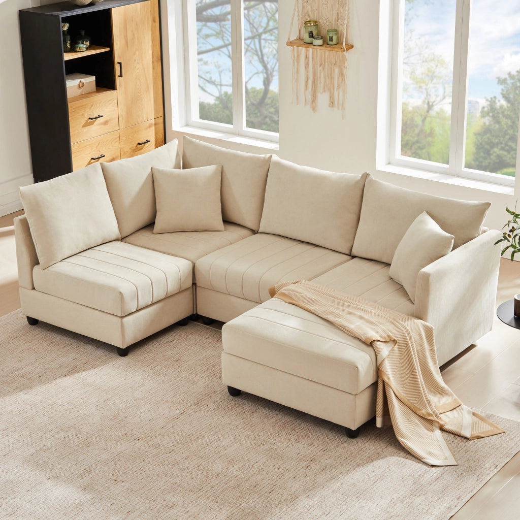 Divano modulare 5 posti con chaise longue reversibile e pouf rimovibile, in Effetto lino beige