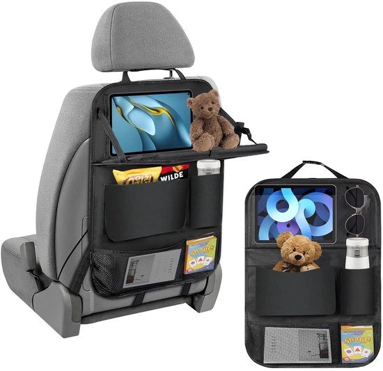 Organizzatore di Auto per Bambini con Protezione per la Schiena del Sedile, con Poggiatesta Multifunzionale, Tavolo Ripiegabile e Vari Cassettoni di Stoccaggio, Impermeabile