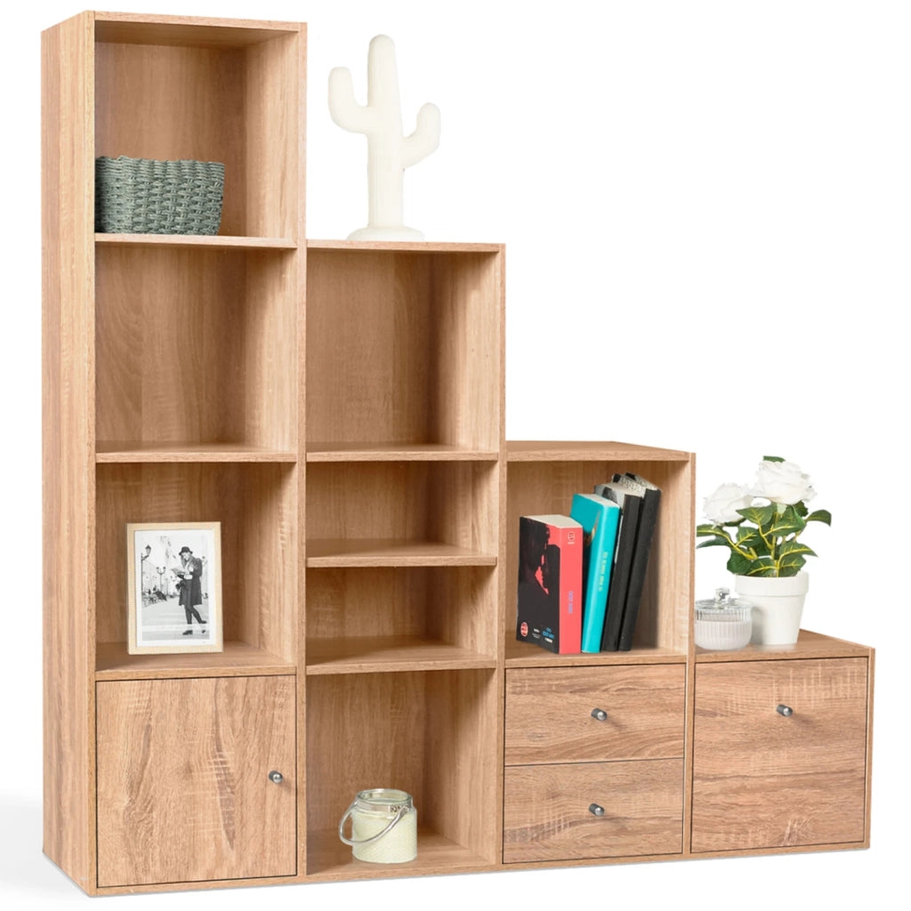 IDMarket - Libreria mobili a forma di scala a 4 livelli, look faggio con anta e cassetti LIAM