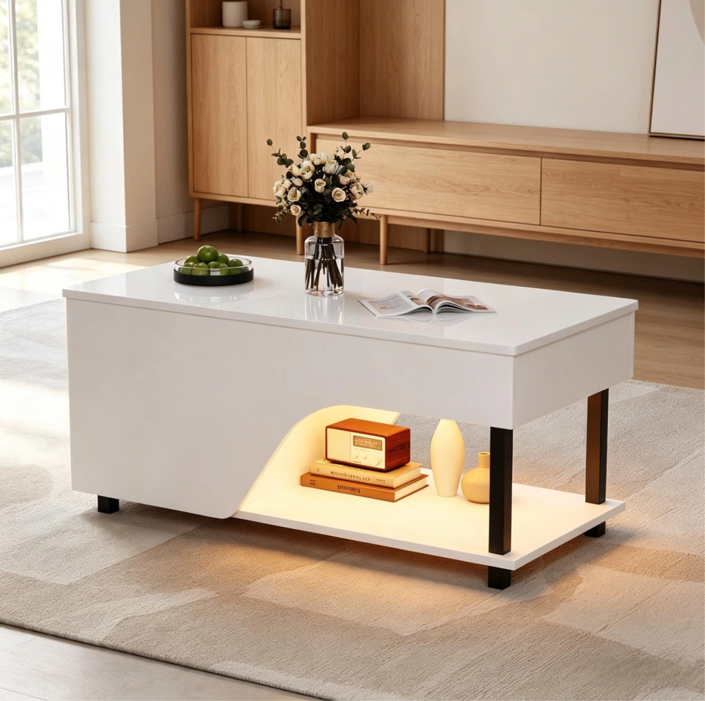Tavolino da salotto sollevabile 50 x 100 x 46 cm in truciolare bianco con LED e vano contenitore