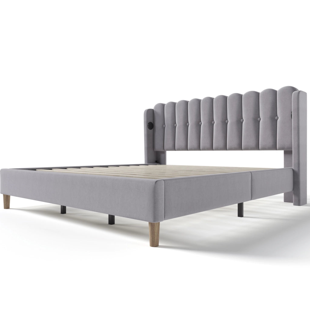 Letto imbottito 180x200 cm con ricarica USB e Type-C; lino grigio (Senza materasso)