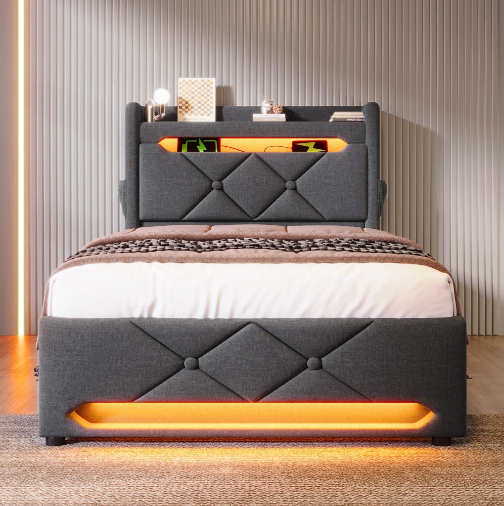 Letto singolo 90x200 cm con testiera contenitore; USB e Type-C; LED; grigio; lino