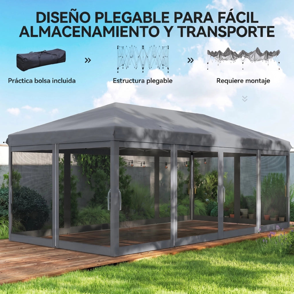 Gazebo Pieghevole 6x3 m con Pareti Laterali Rete Anti-UV ¨C Zephmum ¨C Grigio