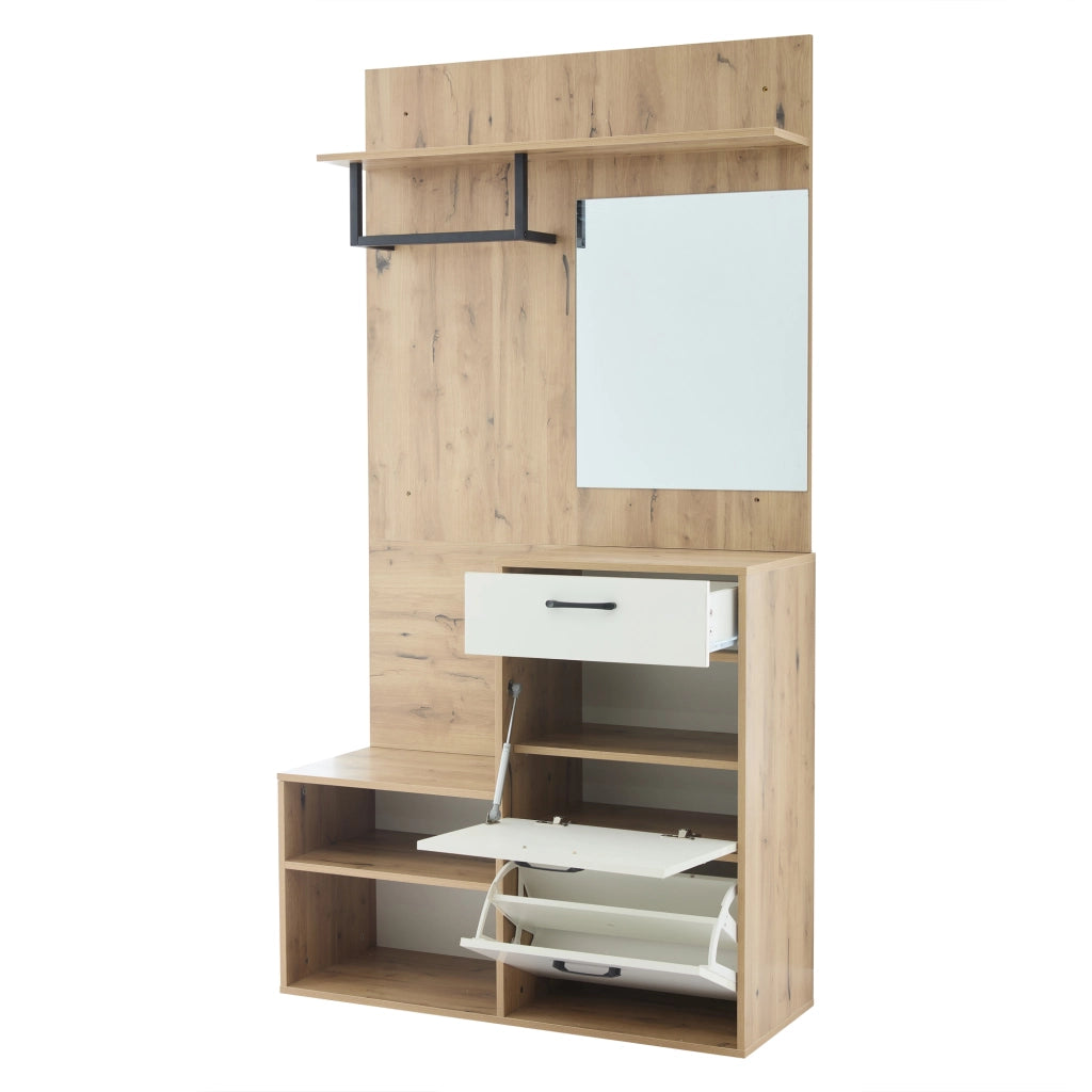 Set Ingresso con Specchio, Scarpiera, Panca e Appendiabiti ¨C MINIMAL ¨C Bianco/Legno, 100x38.5x190