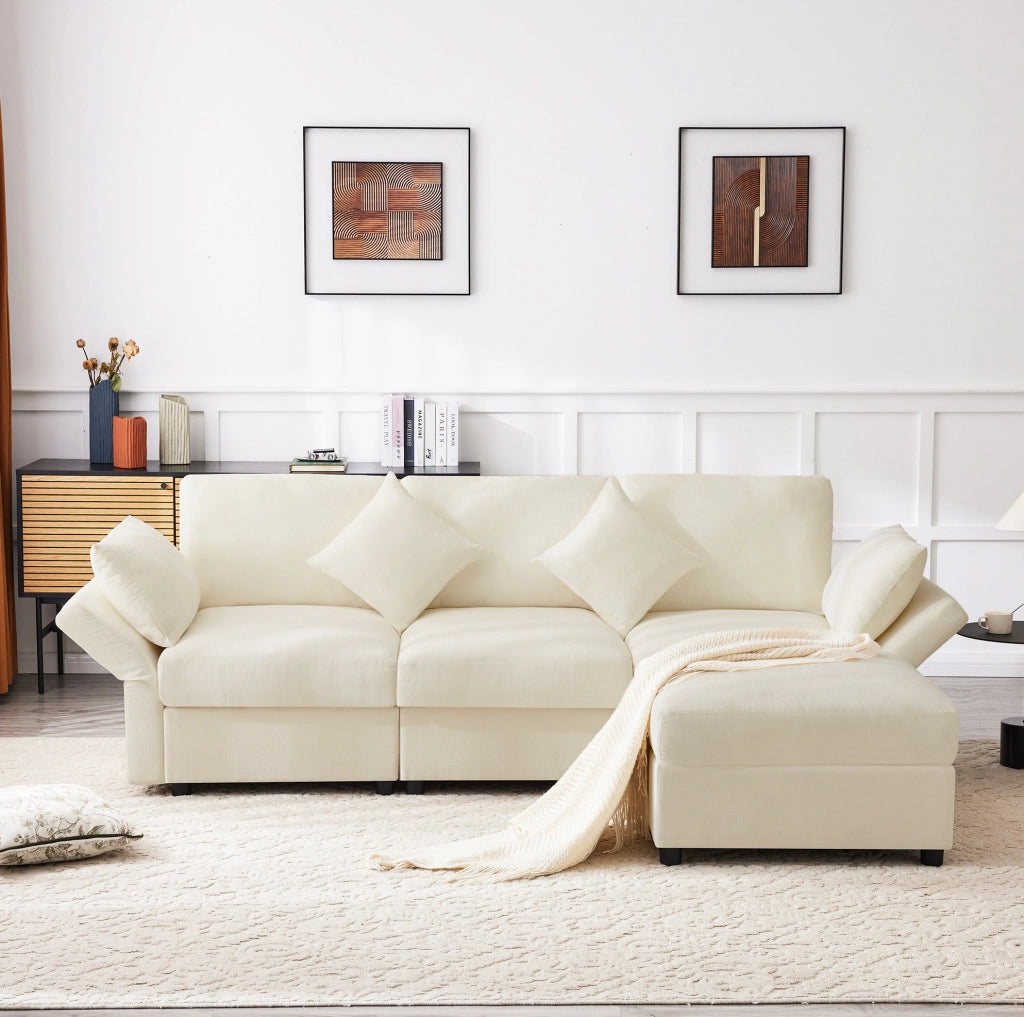 Divano 3 posti con pouf mobile e braccioli regolabili in ciniglia beige