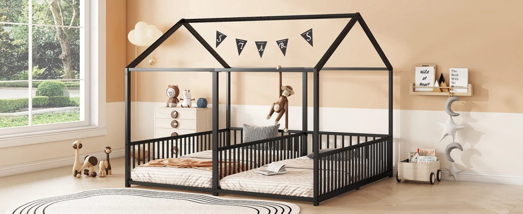 DESMIU Letto a castello 2 posti con sponde, scala e struttura a casetta, 90 × 200 cm, senza materasso, nero