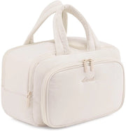 Borsa da toilette per donne, grande borsa leggera per cosmetici, contenitori toilette aperti con tasca umida, borsa toilette impermeabile, organizzatore di make-up con maniglia per viaggi, vacanze, beige