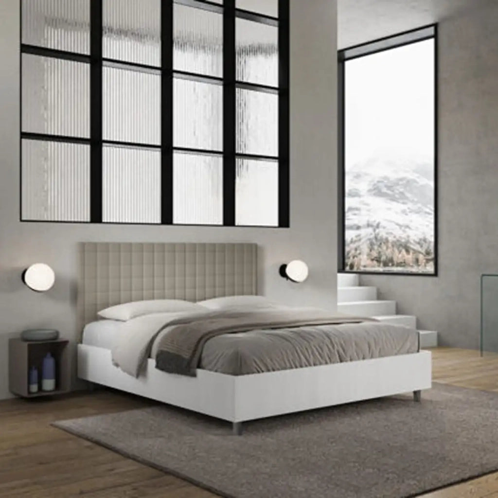 Letto matrimoniale con rete 160x200 bianco frassino testata similpelle tortora Burmy