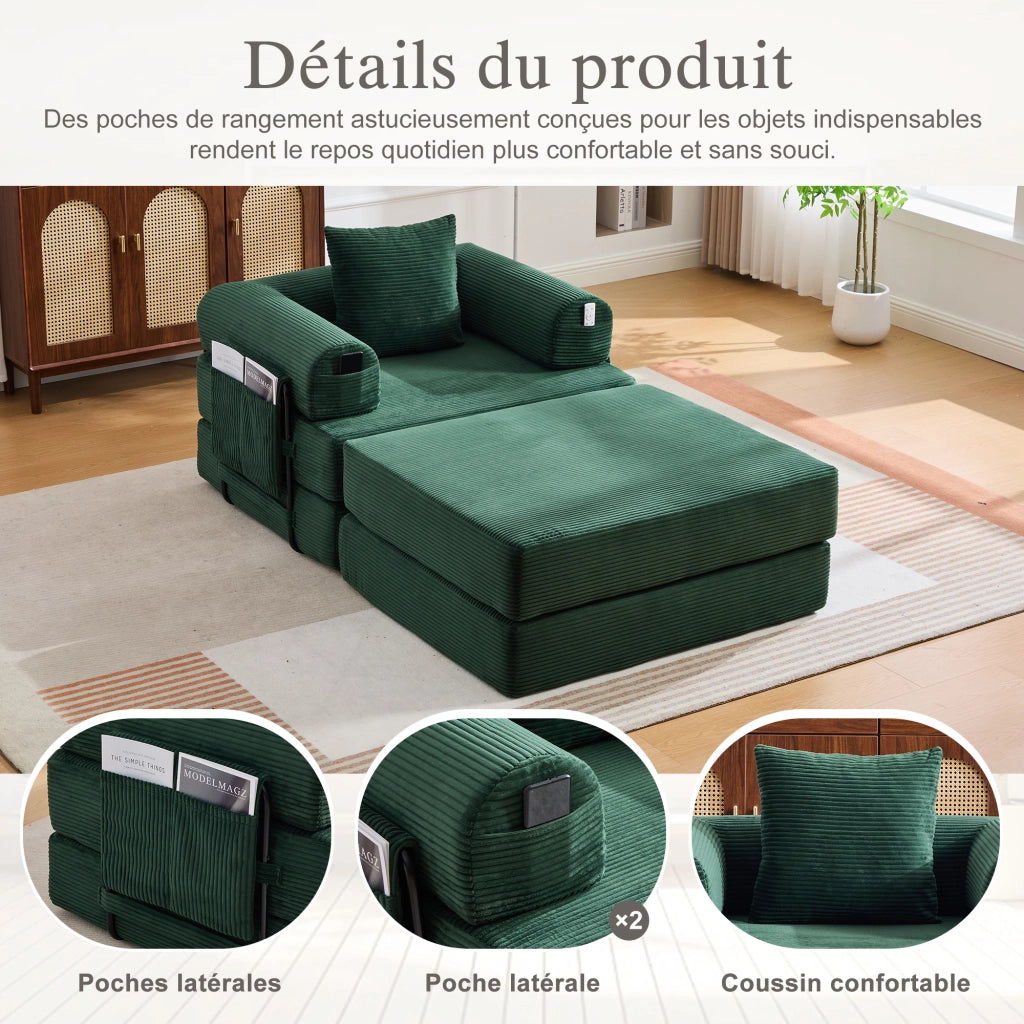 Divano modulare in velluto a coste senza montaggio con pouf, cuscino e tasca laterale, design ergonomico, verde smeraldo