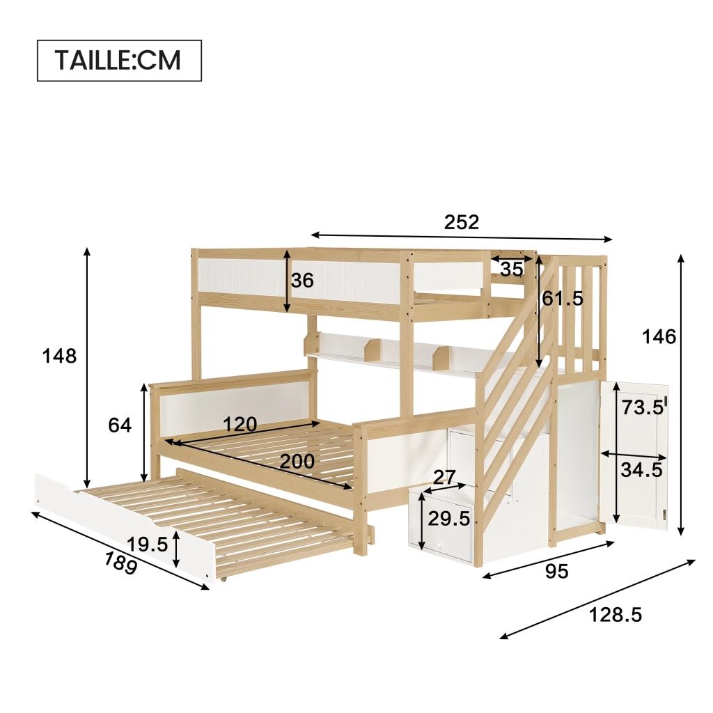 Letto a Castello; Letto Singolo 90x200 cm e 120x200 cm con estraibile; armadio e scala