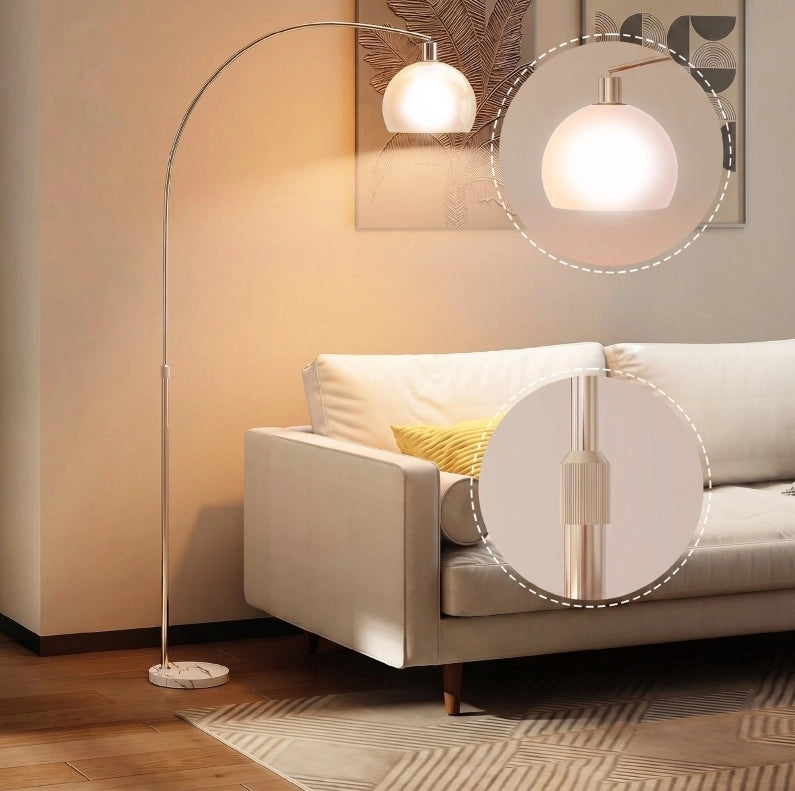 Lampada da Terra con Testa Curva, Interruttore a Pedale, Base in Marmo e Paralume in Plastica Bianca