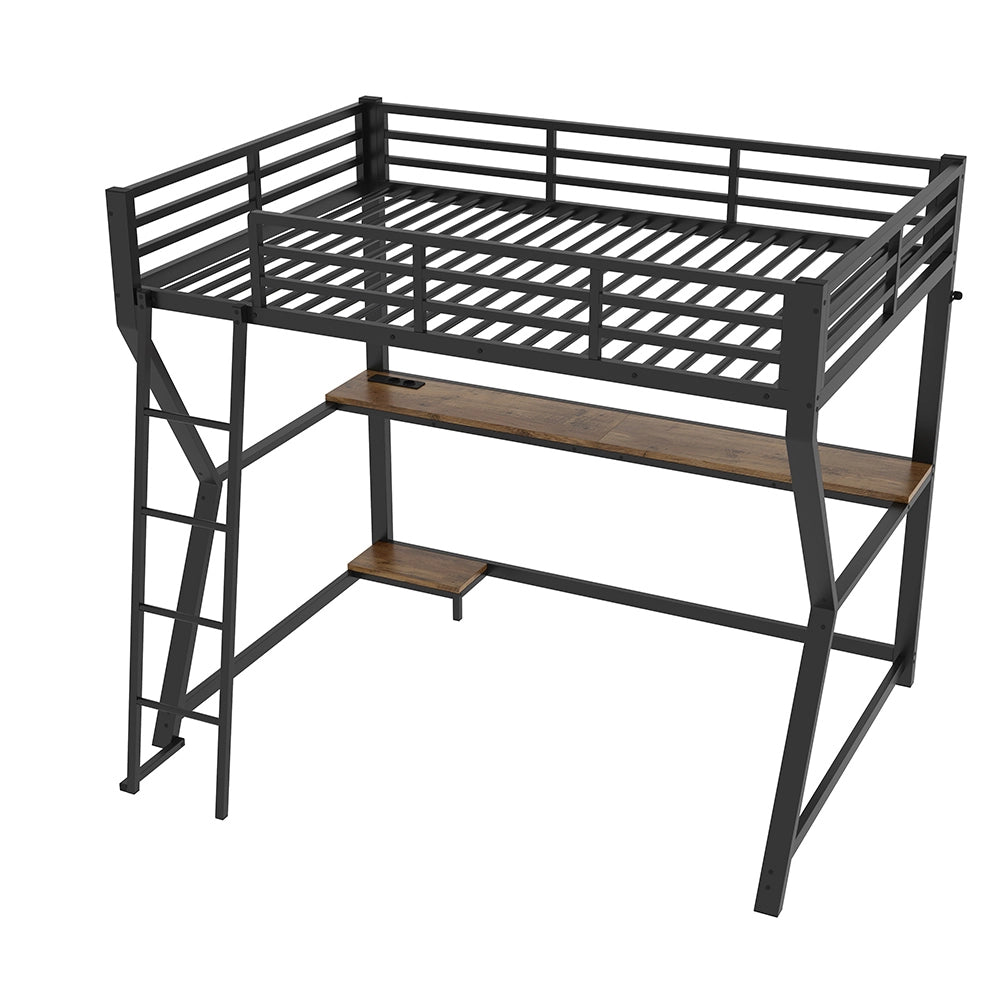 Letto mezzanino 90x200cm - Xylo - nero, scrivania USB, LED, per computer