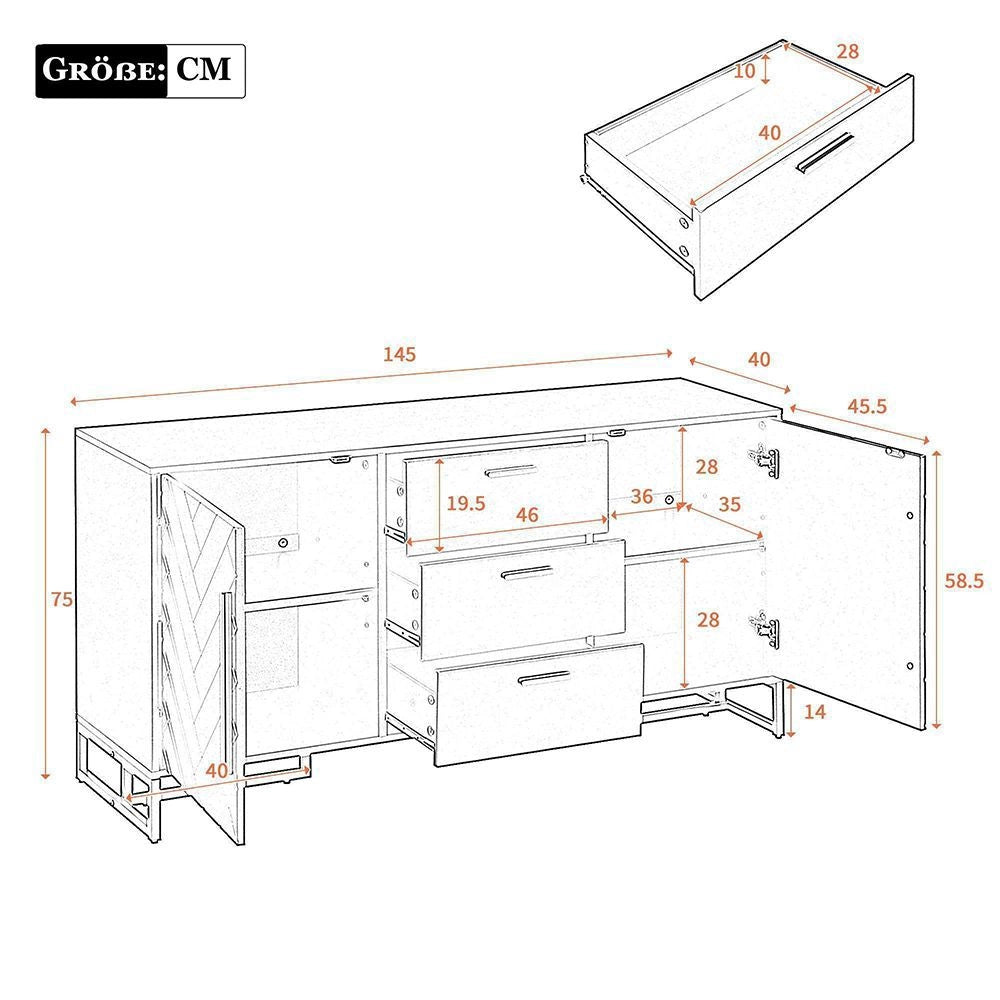 Buffet bianco elegante - Xylo - Motivo a chevron, 2 porte 3 cassetti