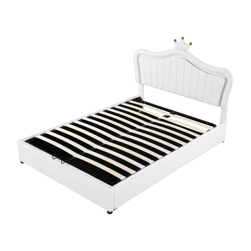 OKWISH Letto Bambini 140×200 cm, Letto Singolo con Contenitore Idraulico, LED Multicolore e Testiera Regolabile, senza Materasso, PU Bianco