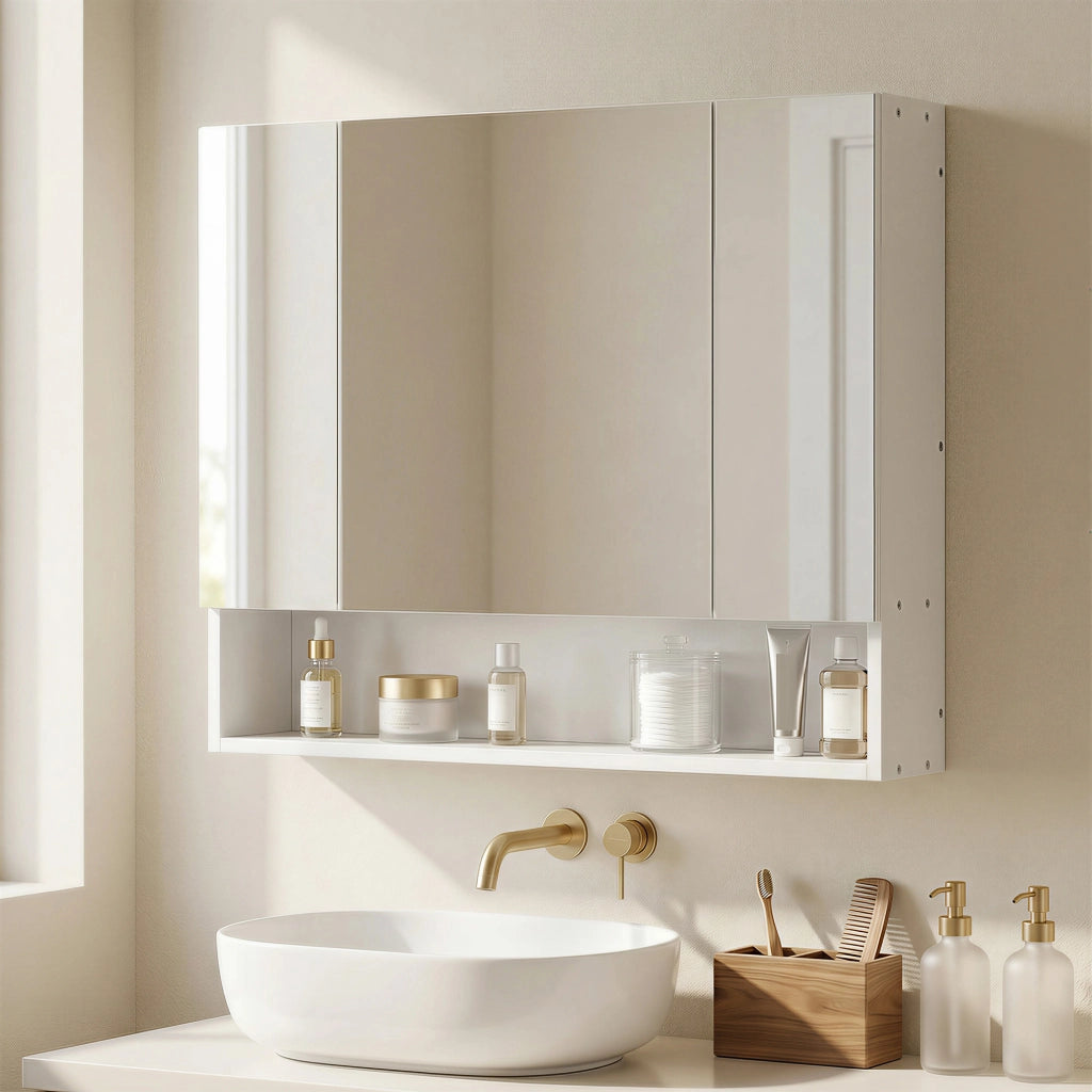 Specchiera Bagno con Armadietto 3 Ante Soft Close e Ripiani Regolabili, 90x15x75 cm, Bianco