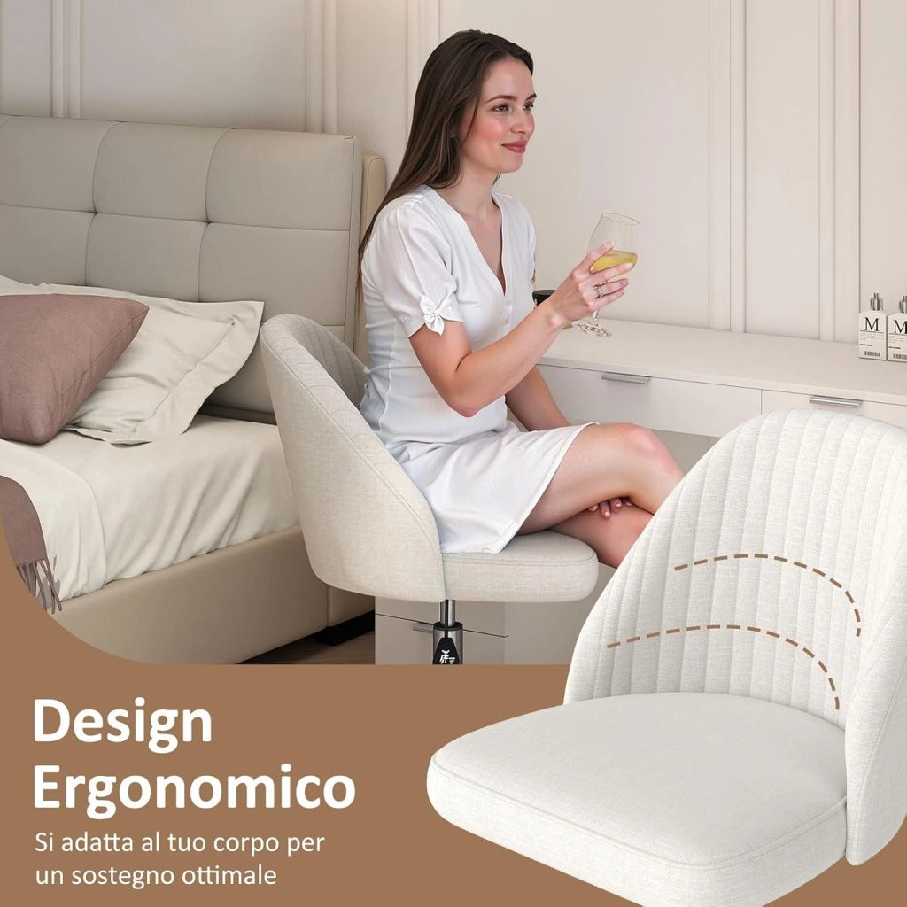 Sedia da Ufficio, Sedia da Scrivania Moderna senza Braccioli, con Schienale Curvo e Seduta Imbottita, Regolabile in Altezza con Rotelle Lisce per Camera da Letto (Beige)