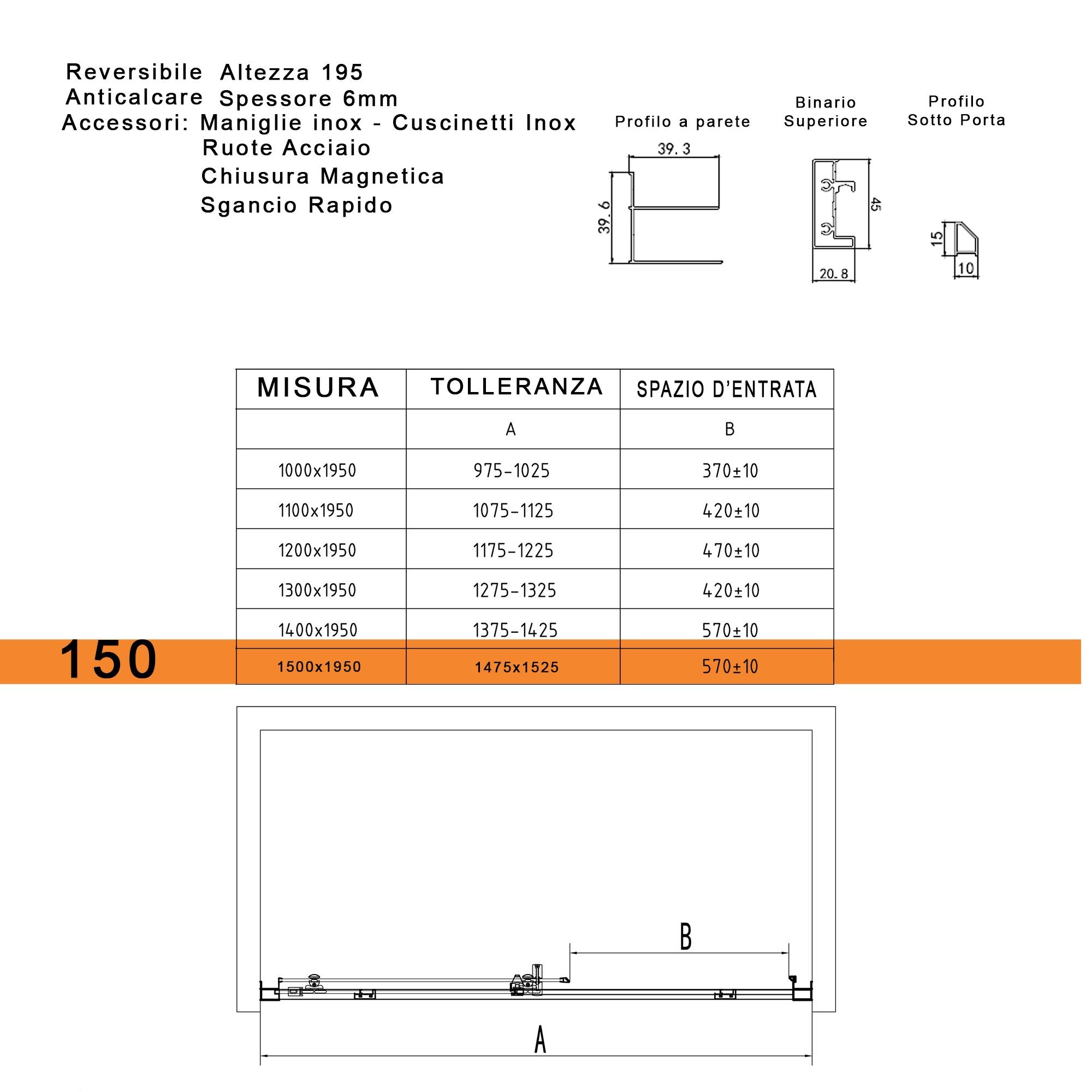 Porta Parete Doccia 130 cm 1 Anta Scorrevole in Cristallo Trasparente 6mm H195 Bonussi Eliane