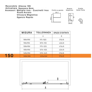 Porta Parete Doccia 130 cm 1 Anta Scorrevole in Cristallo Trasparente 6mm H195 Bonussi Eliane