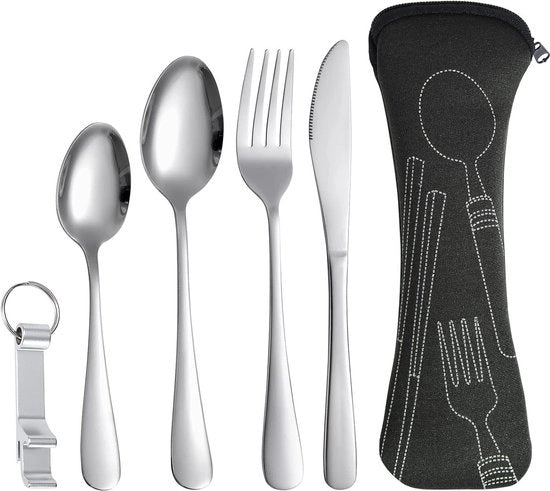 Set di cucina da campeggio in acciaio inossidabile - set di 5 pezzi portatile con custodia per viaggi, picnic, escursioni - nero