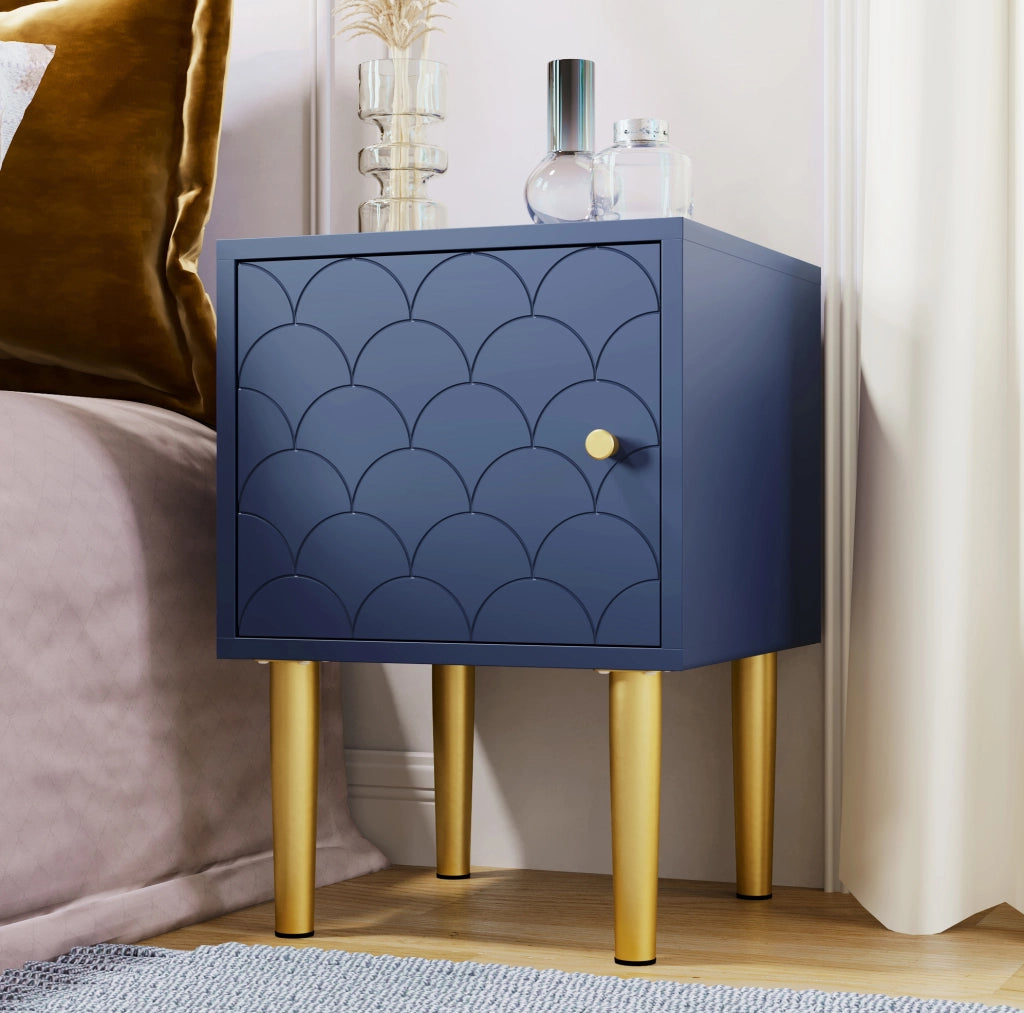 Comodino blu navy con ante a squame e gambe in metallo, 35 x 35 x 51 cm