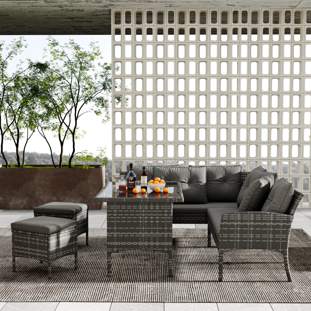 Set salotto polyrattan 7 persone: Divanooo + tavolo + sgabello + cuscini; tessuto sfoderabile lavabile; grigio
