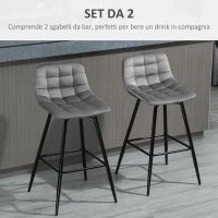 Set 2 Sgabelli Alti in Stile Nordico con Schienale e Poggiapiedi, Sgabelli con Schienale in Tessuto Effetto Velluto e Metallo, 45x47x88 cm, Grigio