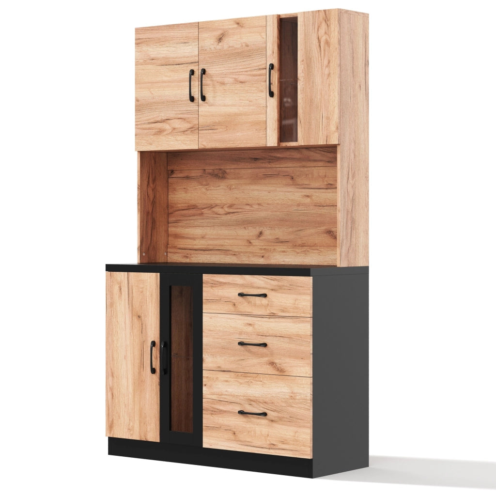 Pensile Alto da Cucina con LED e Ripiani ¨C MINIMAL ¨C Nero e Legno 105x40x180 cm