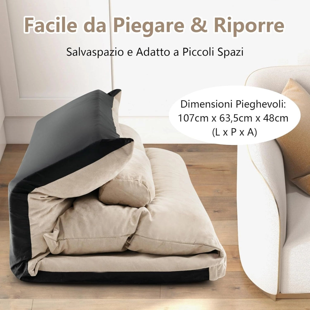 Divano da Terra Pieghevole, Divano Letto 2 Posti con Schienale Regolabile, Divano da Pavimento Trasformabile con 2 Cuscini per Camera da Letto Salone Balcone (Beige)