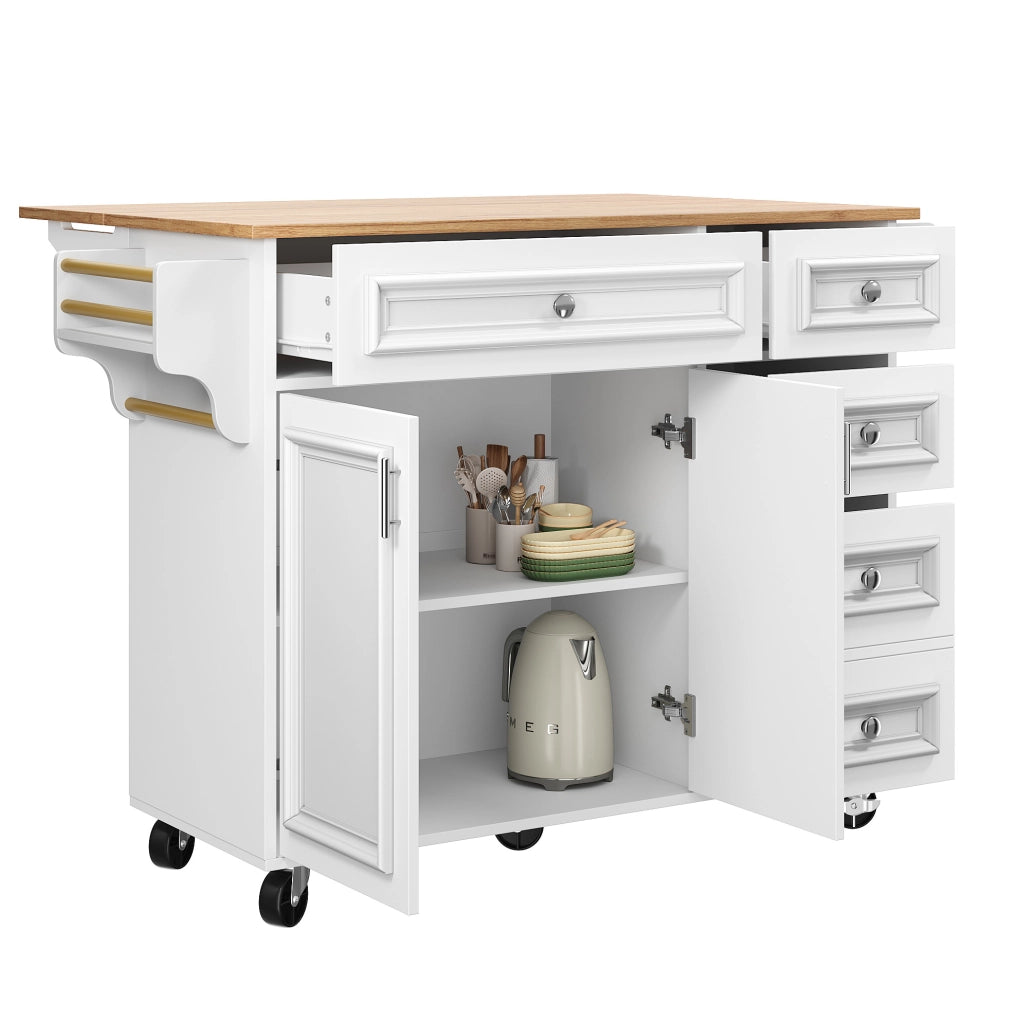 Isola da cucina 110x75x92 cm; con piano pieghevole; cassetti e ripiani; MDF bianco
