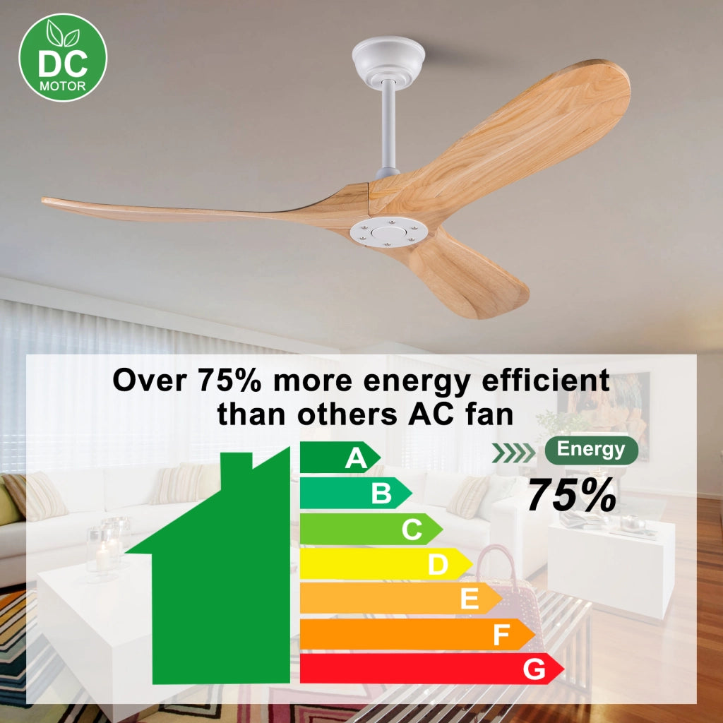 Ventilatore da soffitto 52 pollici, 3 pale legno, design ad elica, funzione memoria, telecomando, finitura noce, per terrazze e soggiorni