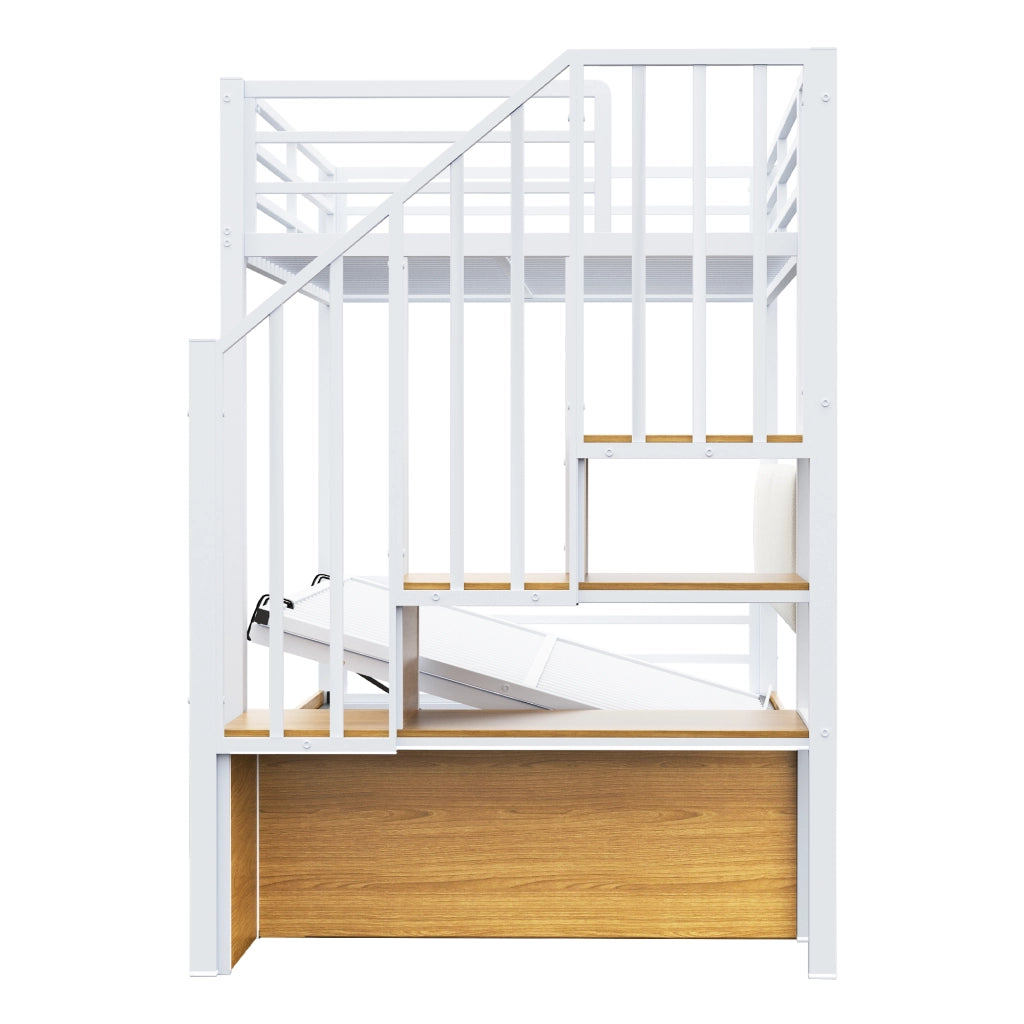 LETTO a castello 90x200 cm bianco in MDF e metallo con scala contenitore