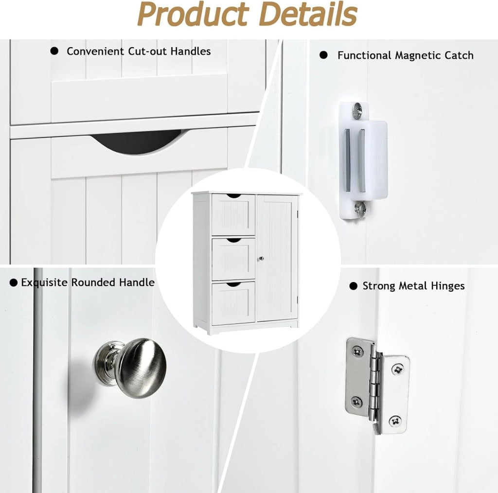 Armadietto da bagno con ripiano regolabile, in legno, 60 x 30 x 81 cm, con 3 cassetti e 1 porta, per soggiorno, cucina, corridoio (bianco)