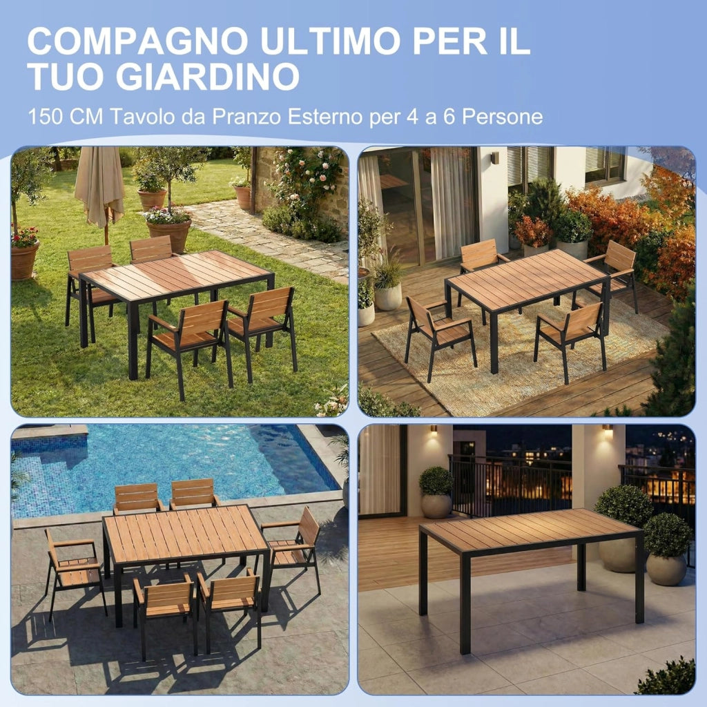 Tavolo da Giardino HDPS Resistente alle Intemperie, 150 x 80 x 74 cm Tavolino da Esterno Finitura a Vena di Legno e Facile da Manutenzionare, Tavolo da Pranzo Esterno per 4 a 6 Persone,Naturale