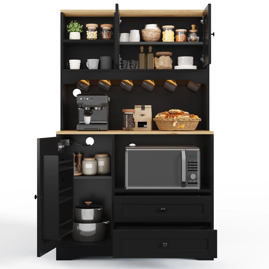 Credenza da cucina alta con LED, presa integrata, 2 cassetti e ripiani regolabili, per cucina, nero, 100 × 40 × 163 cm