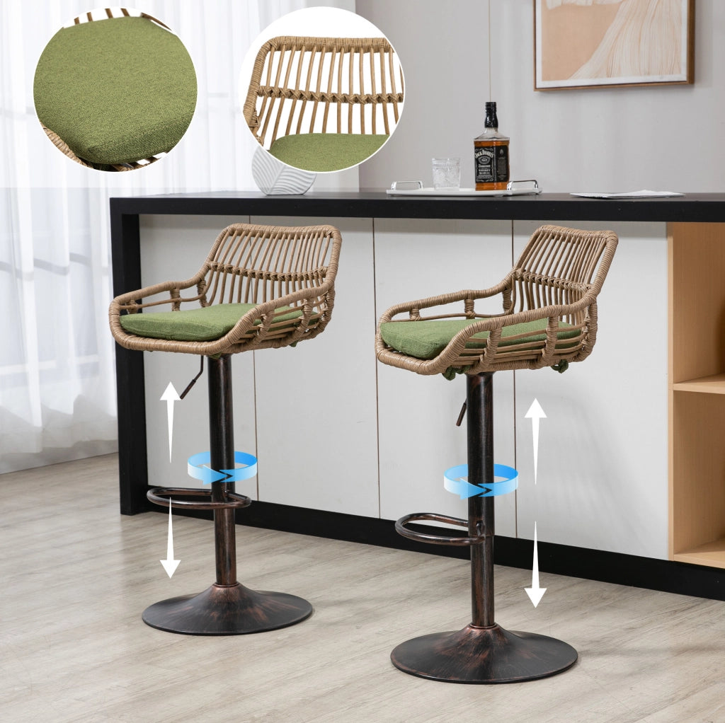 Set di 2 sgabelli da bar girevoli 360° regolabili in altezza; 49x48x89-109 cm; verde in lino