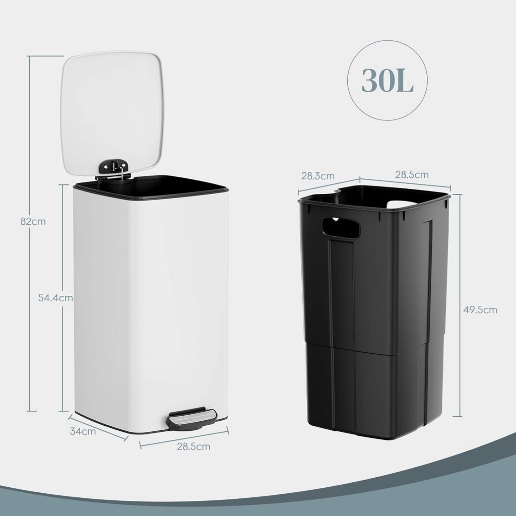 Pattumiera Cucina 30 L a Pedale, Pattumiera Rettangolare in Acciaio con Coperchio Soft-Close, Secchio Interno e Funzione di Mantenimento Aperto, per Cucina, Soggiorno e Ufficio – Bianco