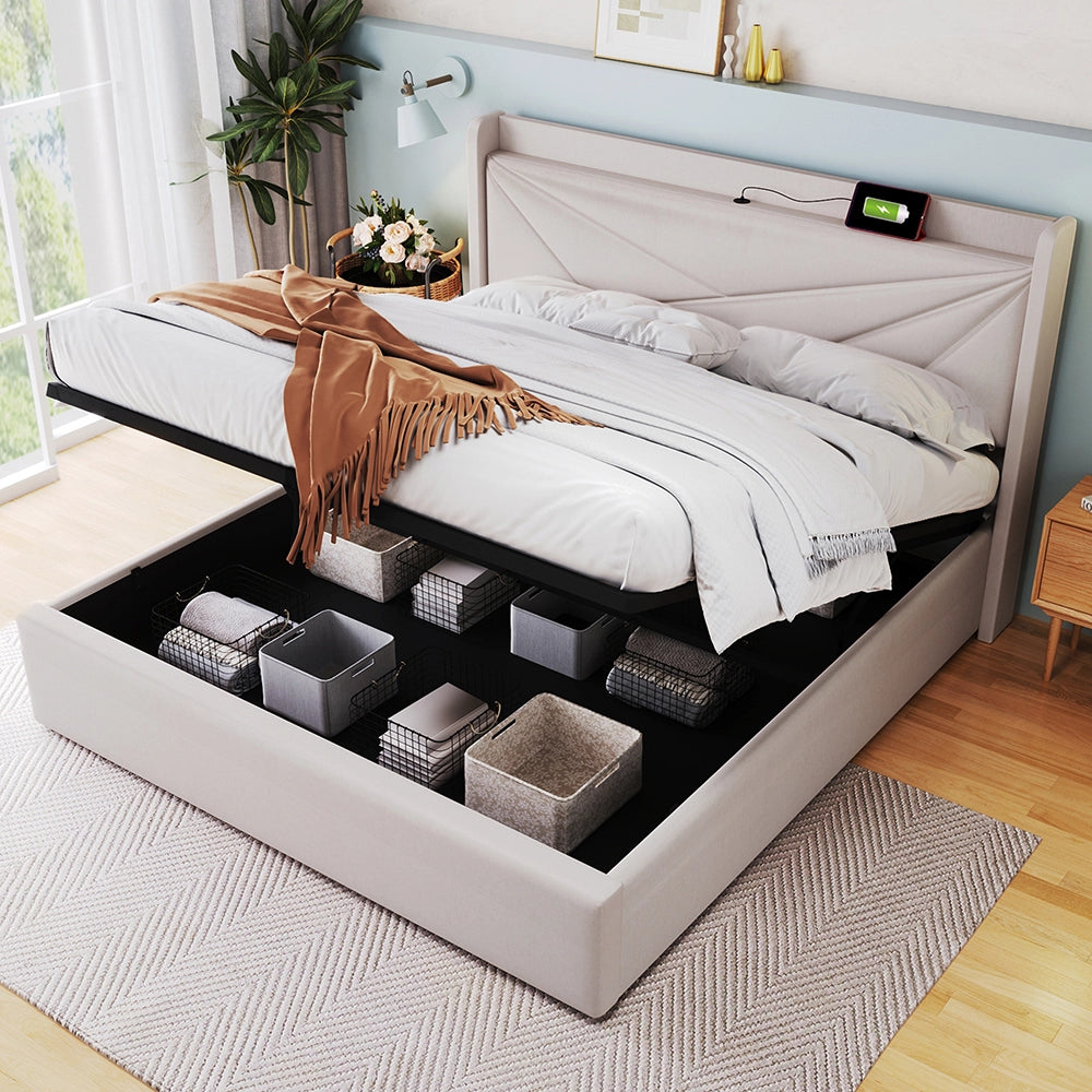 Letto a cassone imbottito - Xylo - 180x200 cm - Beige - Testiera con USB