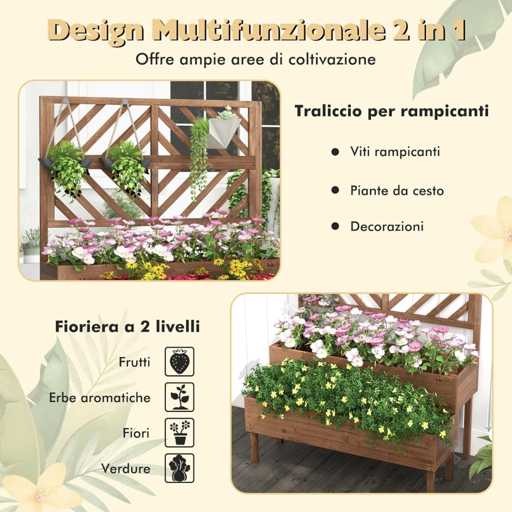 Fioriera da Giardino a 2 Livelli con Traliccio, Letto Rialzatto con Gambe in Legno, Foro di Drenaggio, Fioriera da Interno ed Esterno per Frutta, Verdura, Fiori ed Erbe Rampicanti (Marrone)