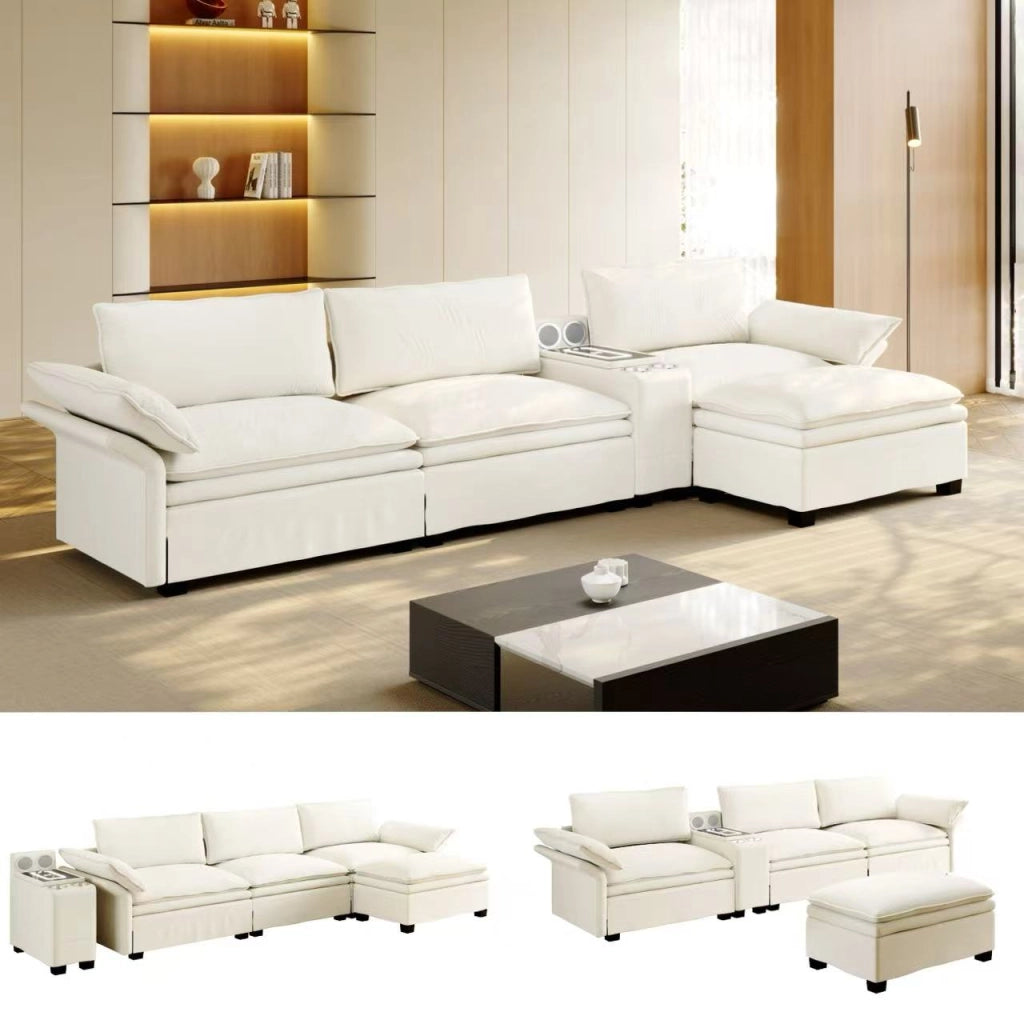 Divano angolare modulare 4 posti con contenitore ricarica wireless audio bluetooth e luci in chenille beige e bianco